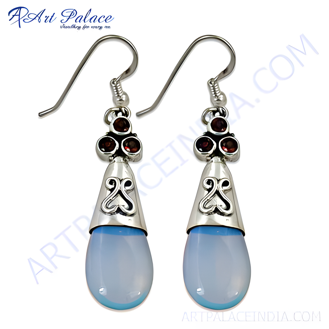 925 sterling silver drop earrings with blue chalcedony gemstones and red accents.