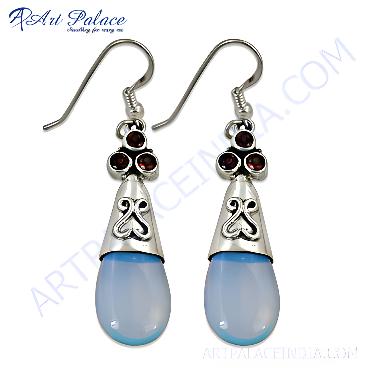 925 sterling silver drop earrings with blue chalcedony gemstones and red accents