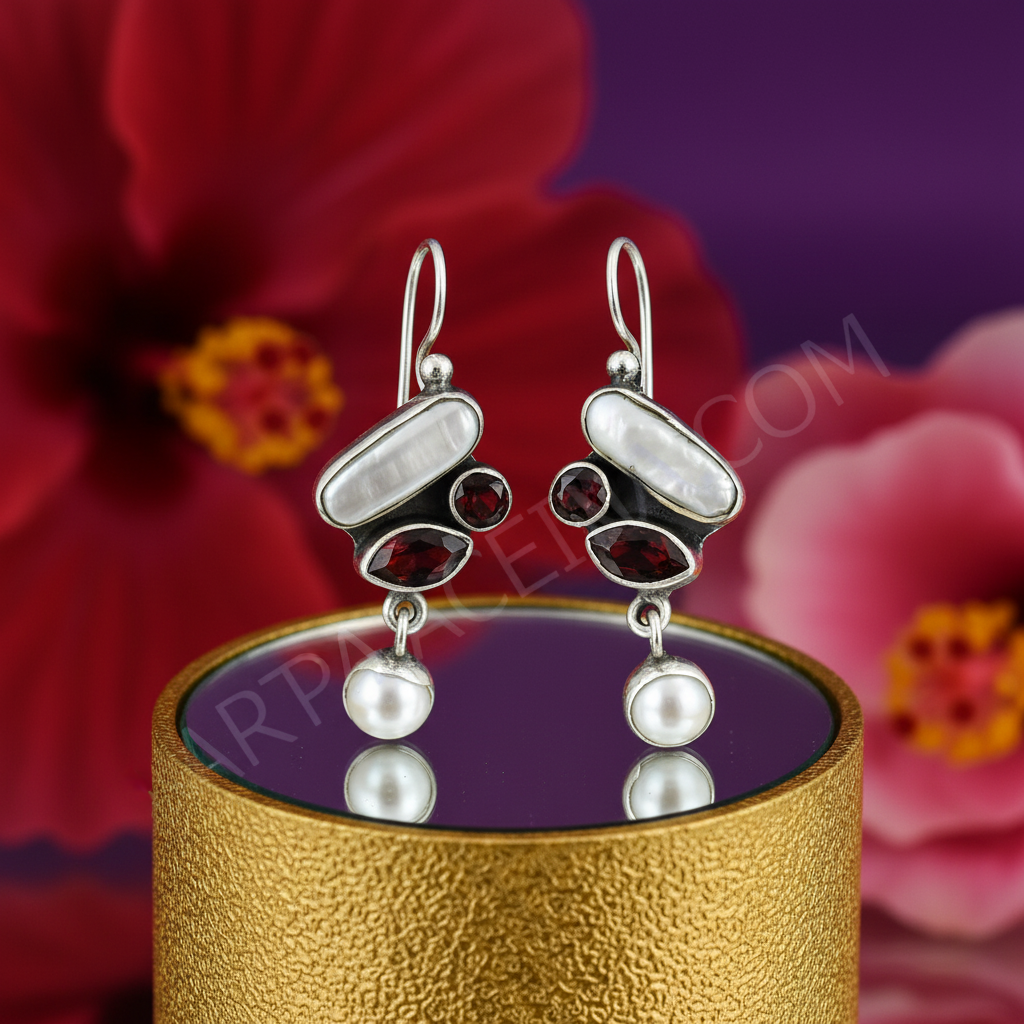 925 Sterling Silver Pearl & Garnet Earrings for Women