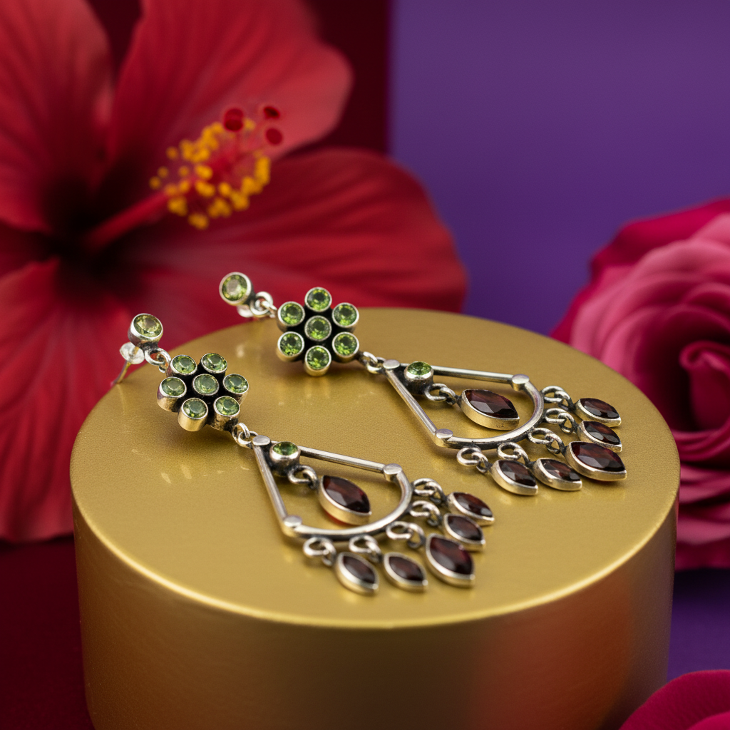 925 Silver Peridot & Garnet Dangle Earrings for Women