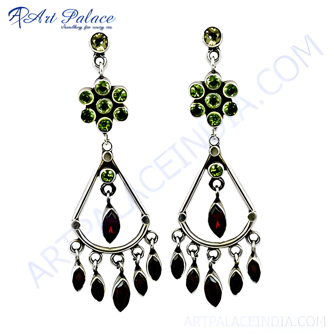 925 sterling silver dangle earrings with green peridot and red garnet gemstones.