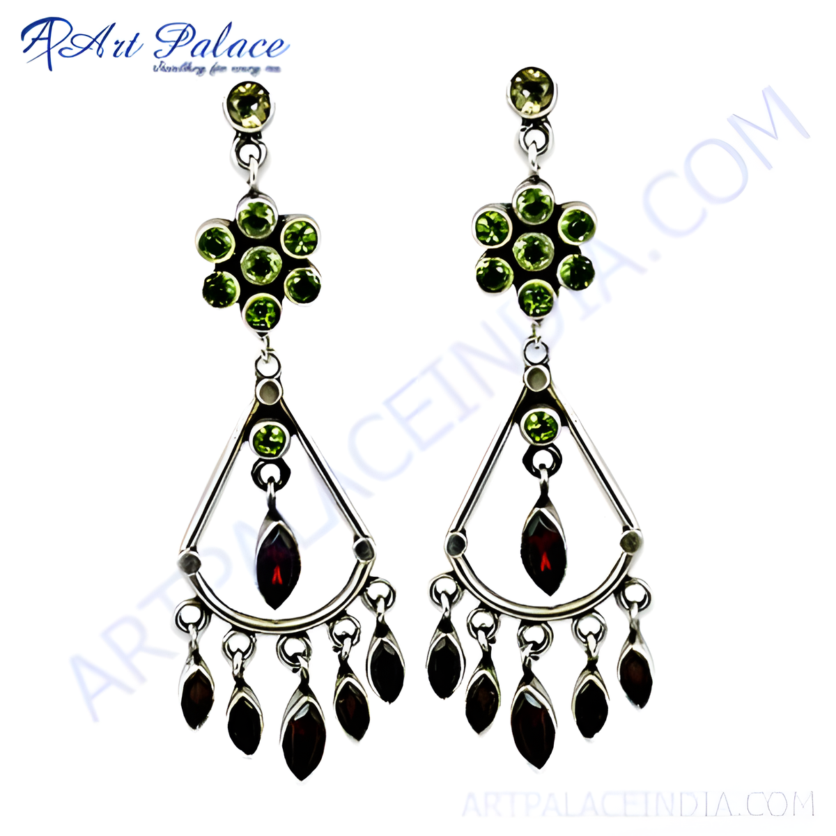 925 sterling silver dangle earrings with green peridot and red garnet gemstones