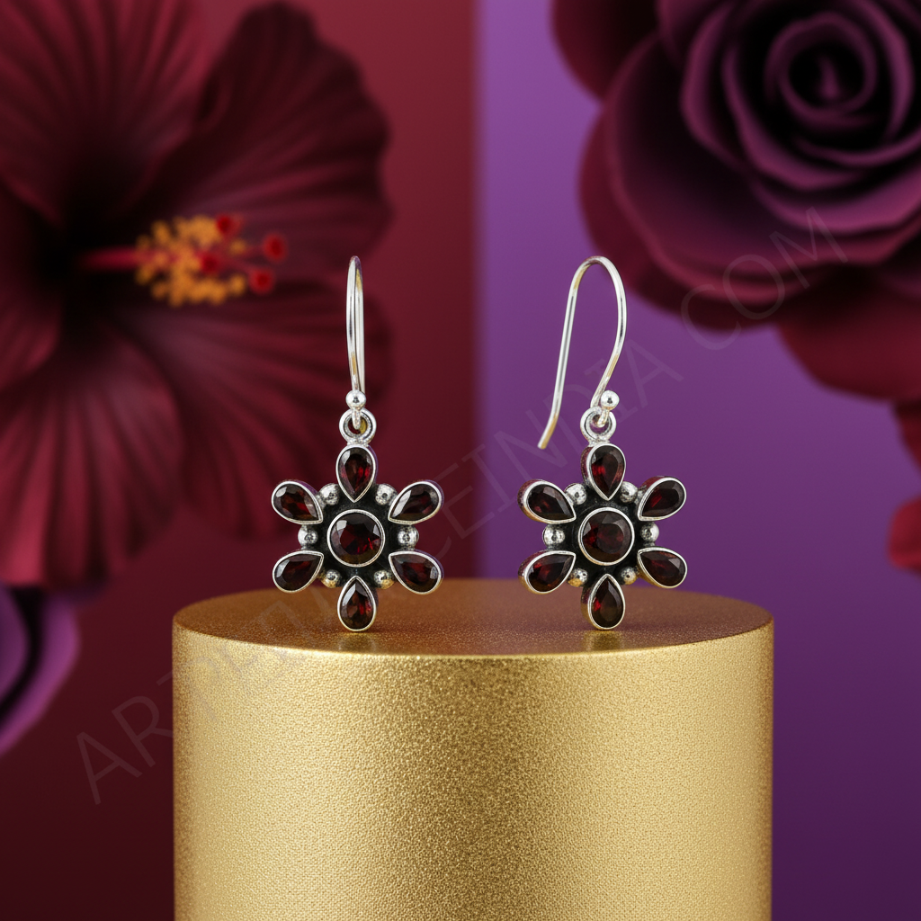 925 silver garnet flower earrings | women's jewelry gift