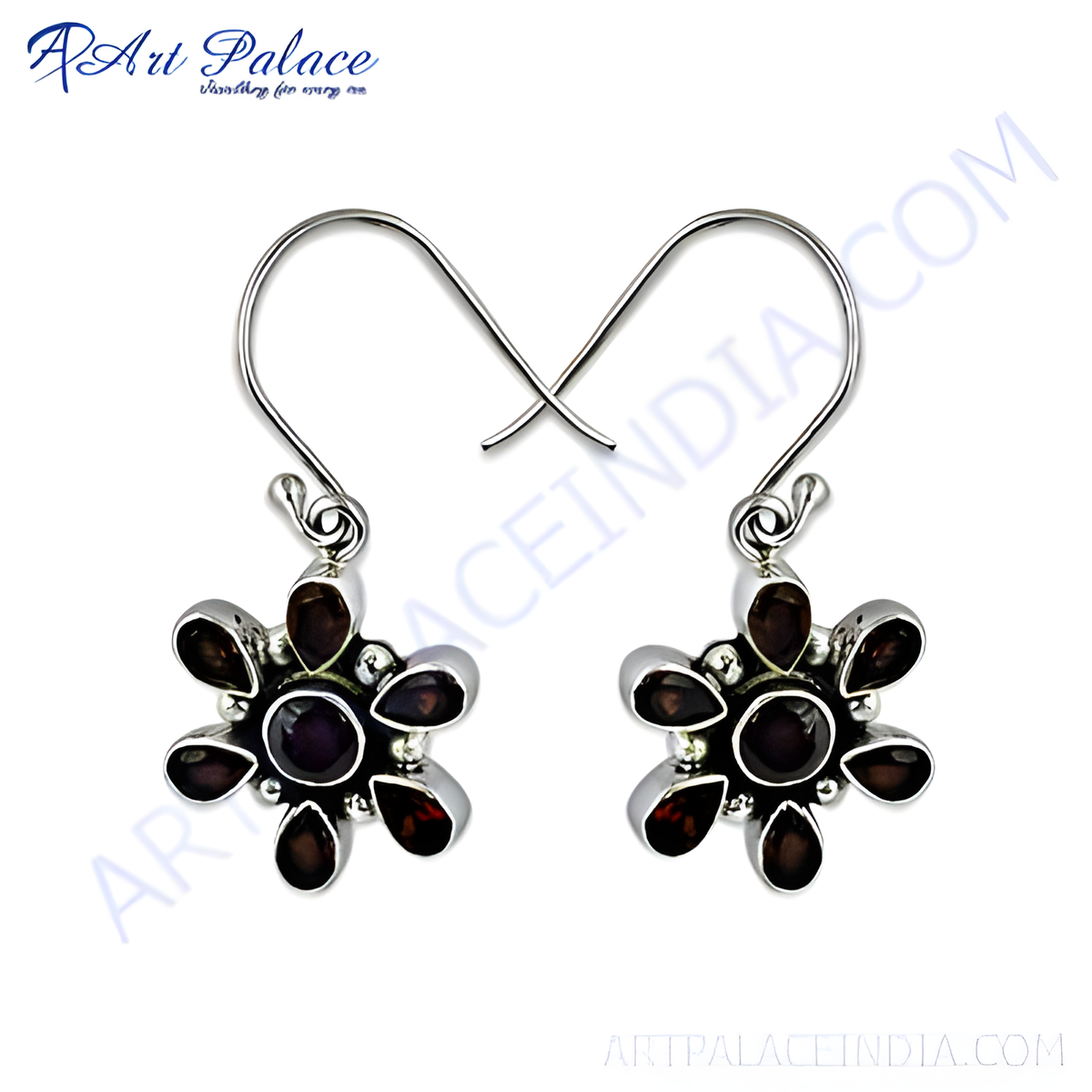 925 sterling silver dangle earrings with garnet gemstones in a flower design