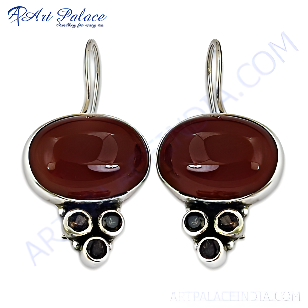 925 sterling silver drop earrings with oval-cut carnelian gemstones and small accent stones.