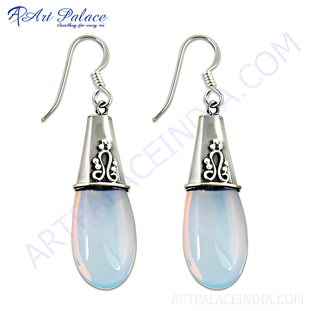 925 sterling silver dangle earrings featuring teardrop shaped opalite gemstones
