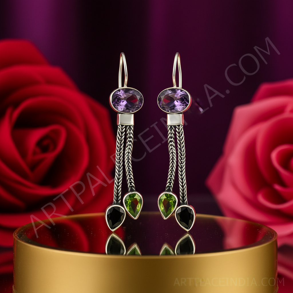 925 Silver Amethyst & Peridot Dangle Earrings for Women