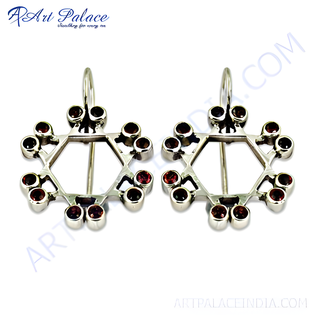 Sterling silver dangle earrings with hexagon design and red garnet gemstones, perfect for women.
