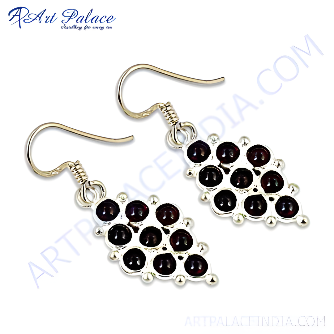 925 sterling silver drop earrings with a cluster of round, deep red garnet gemstones.