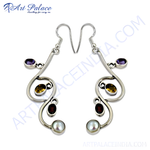 Load image into Gallery viewer, Sterling silver drop earrings with amethyst, citrine, and pearl gemstones, elegant design
