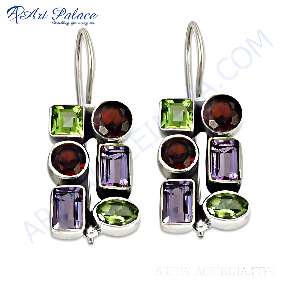 925 silver dangle earrings featuring green peridot, red garnet, and purple amethyst gemstones.
