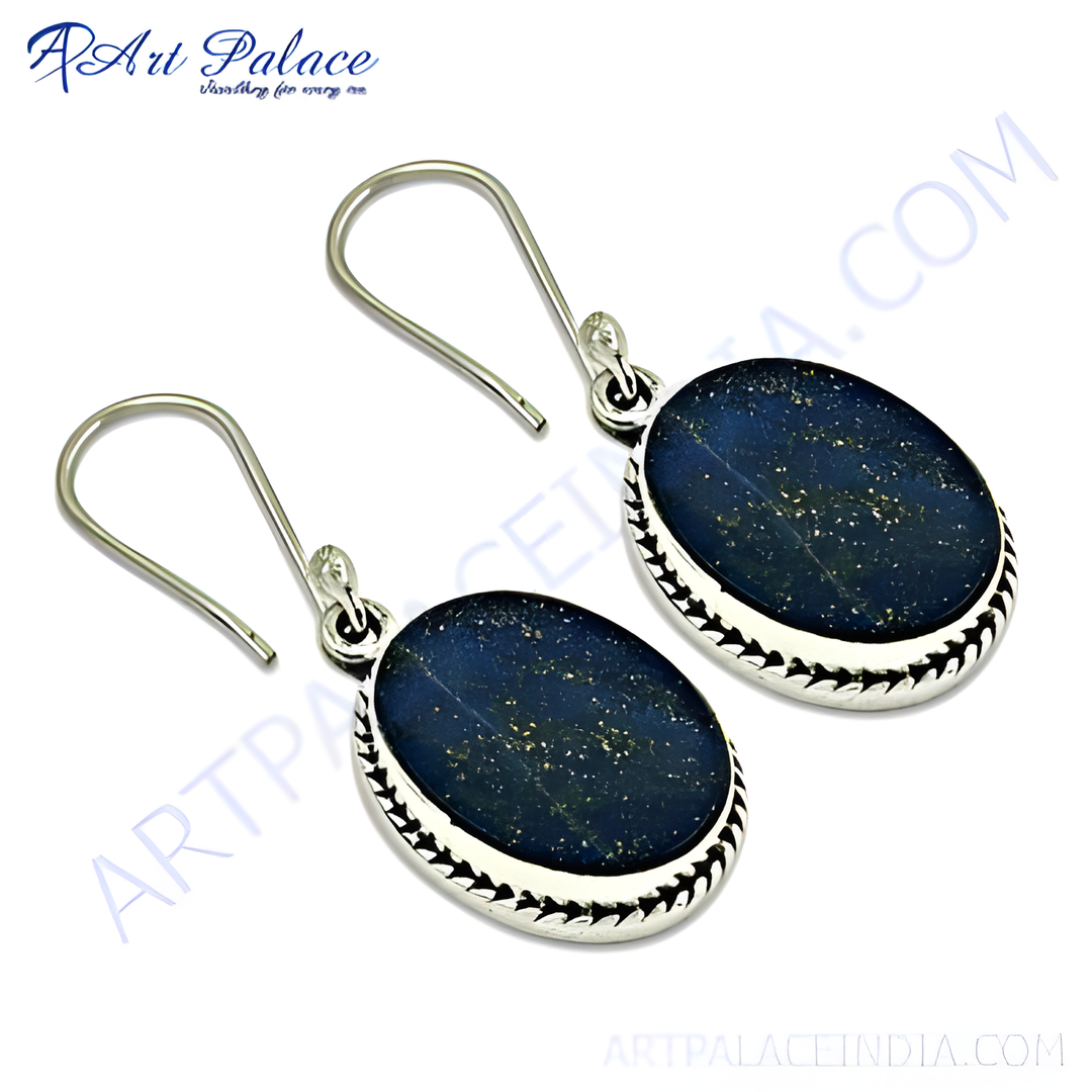 925 sterling silver drop earrings with oval-shaped blue lapis lazuli gemstones, featuring silver hook closures.