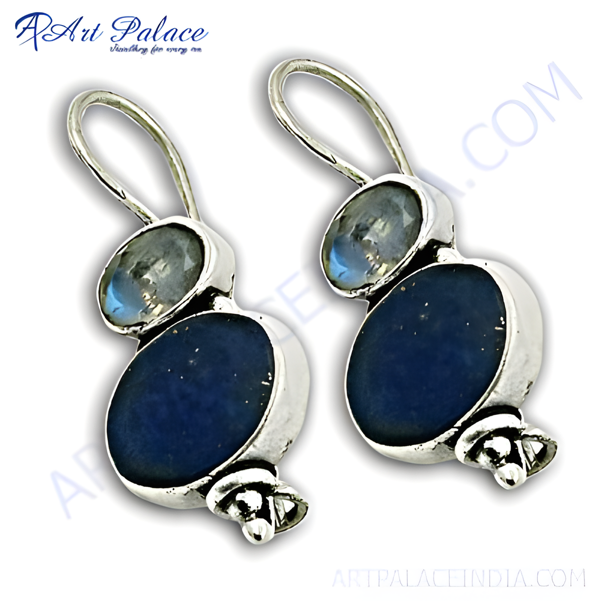 925 sterling silver dangle earrings with blue gemstone and smaller clear stone accents