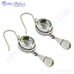 Load image into Gallery viewer, 925 sterling silver dangle earrings with oval green amethyst gemstones.
