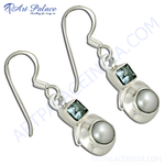 Load image into Gallery viewer, 925 sterling silver dangle earrings with pearl and square blue gemstone accents.
