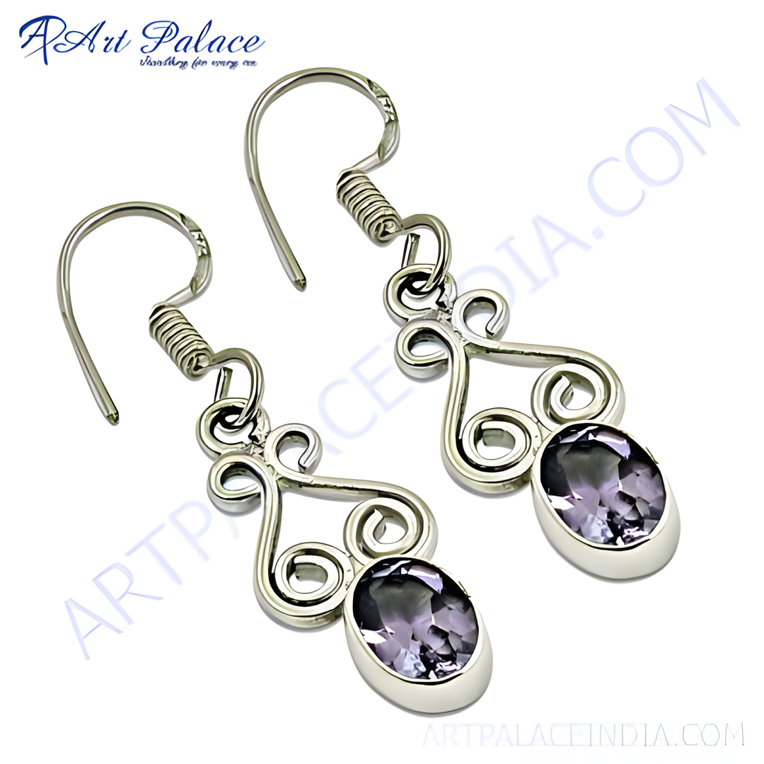 925 sterling silver drop earrings with oval-cut amethyst gemstones, featuring an intricate swirl design.
