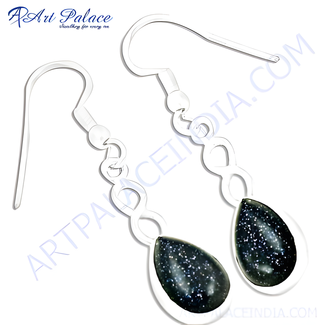 Silver drop earrings with pear-shaped blue sandstone gemstones. Elegant and stylish earrings for women.