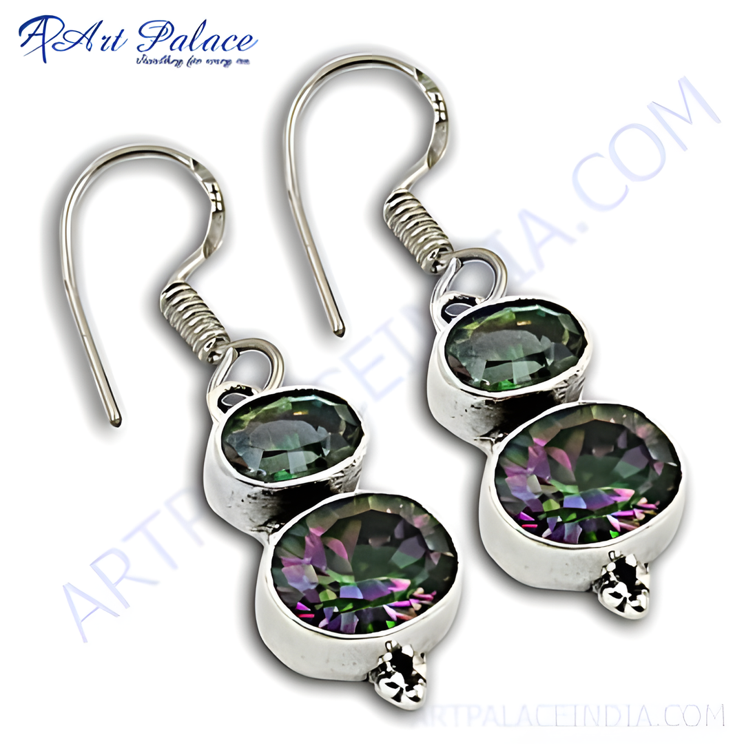 925 sterling silver drop earrings with oval-cut mystic topaz gemstones showcasing iridescent colors