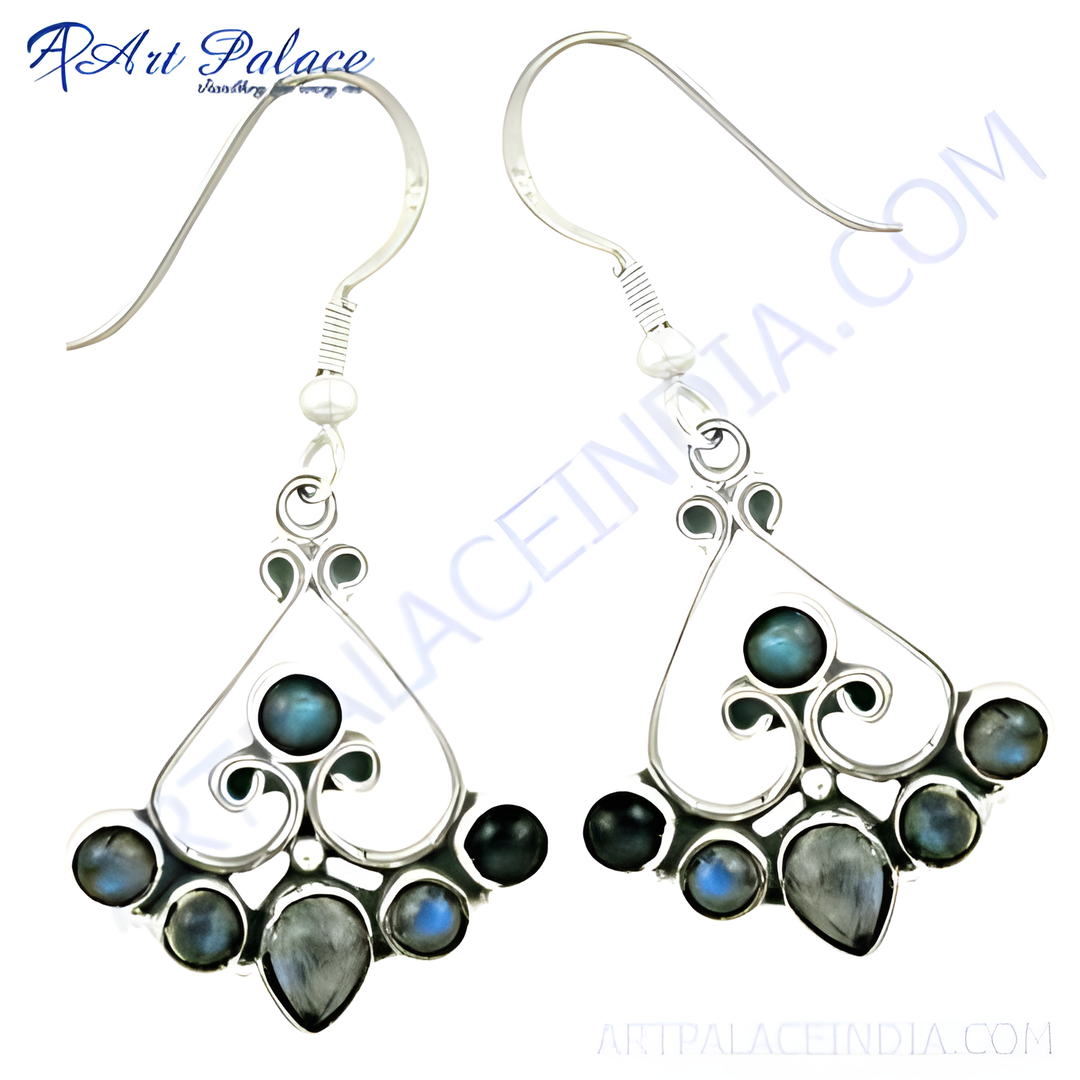 925 silver dangle earrings with blue and gray labradorite gemstones in a fan shape