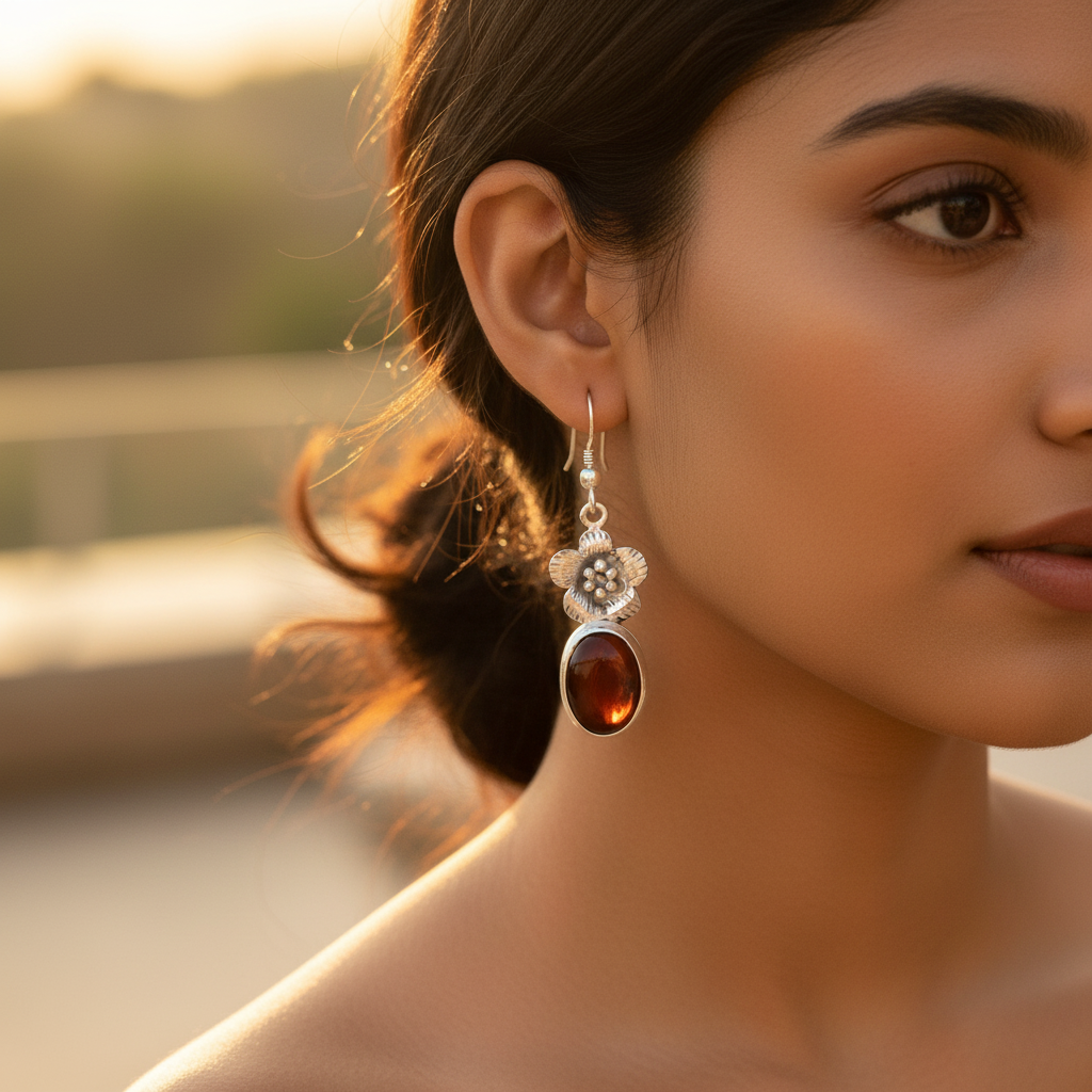925 Silver Flower Drop Earrings | Brown Stone | For Women