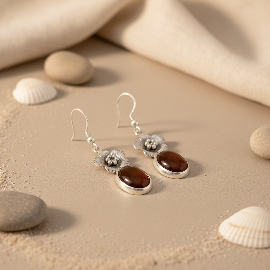 925 Silver Flower Drop Earrings | Brown Stone | For Women