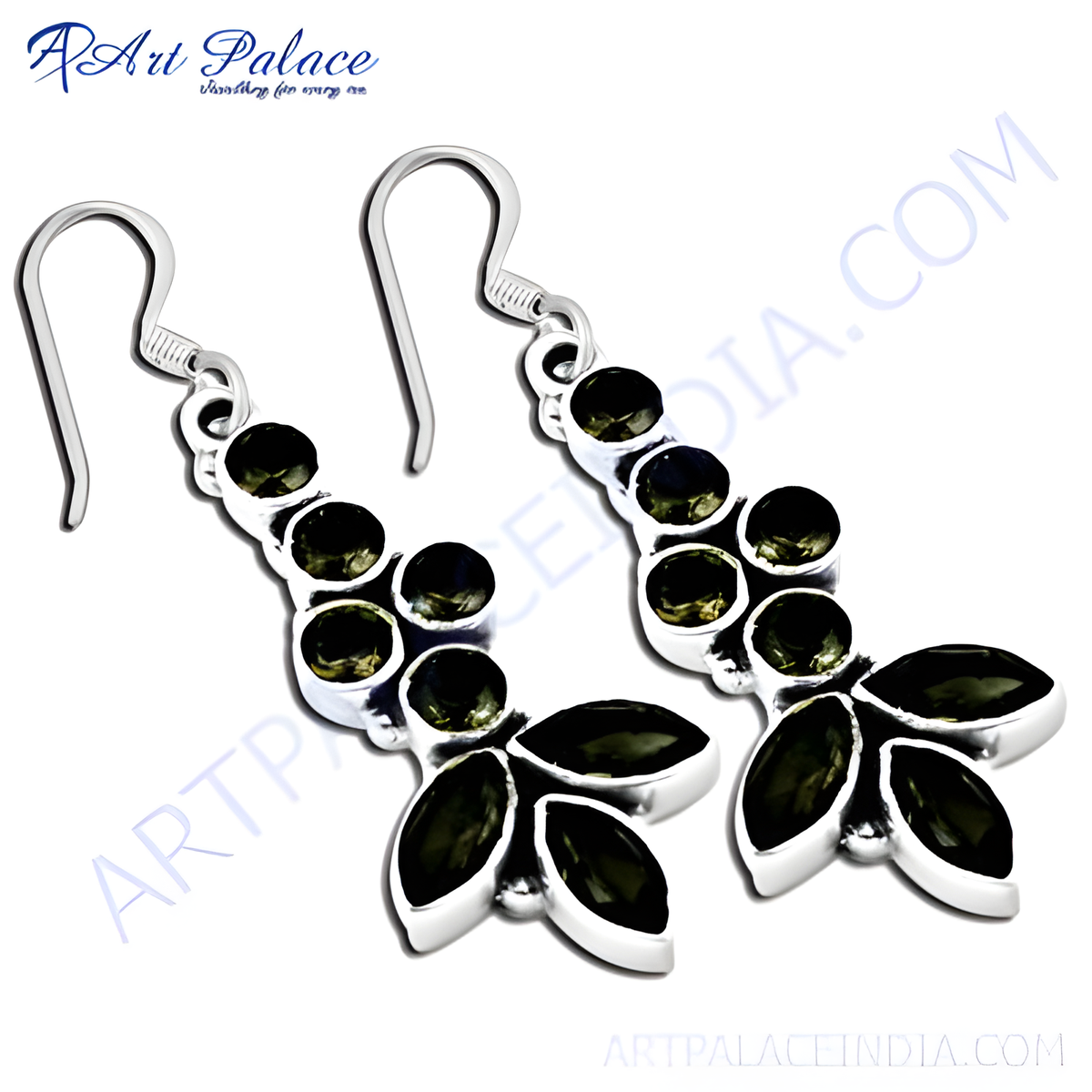 925 sterling silver dangle earrings with olive green gemstones in a floral design