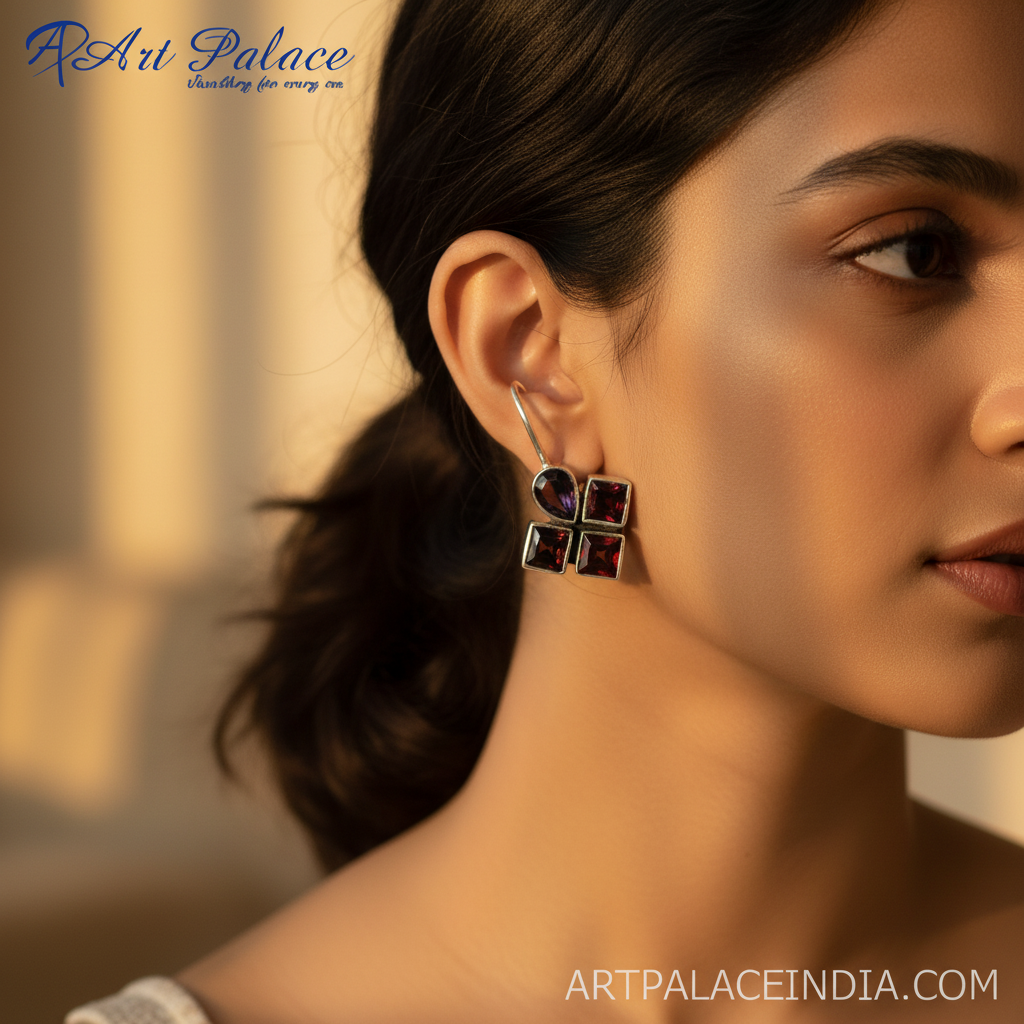 925 Silver Garnet Earrings | Square Studs for Women