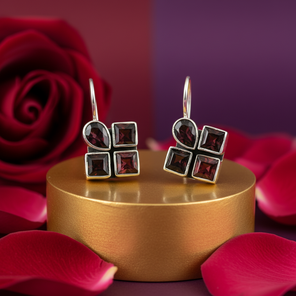 925 Silver Garnet Earrings | Square Studs for Women