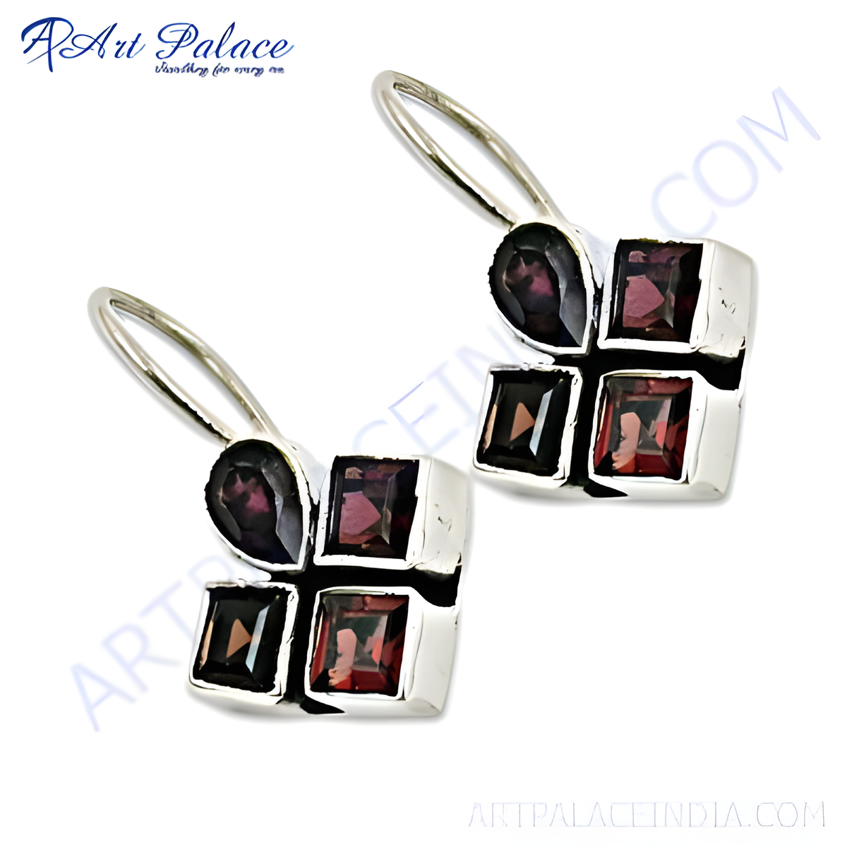 925 sterling silver hook earrings with garnet gemstones in a square setting, perfect for everyday wear