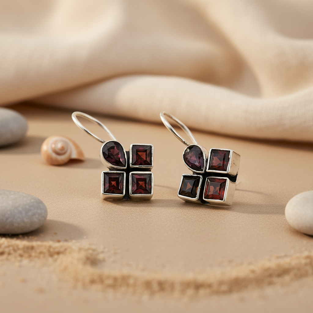 925 Silver Garnet Earrings | Square Studs for Women