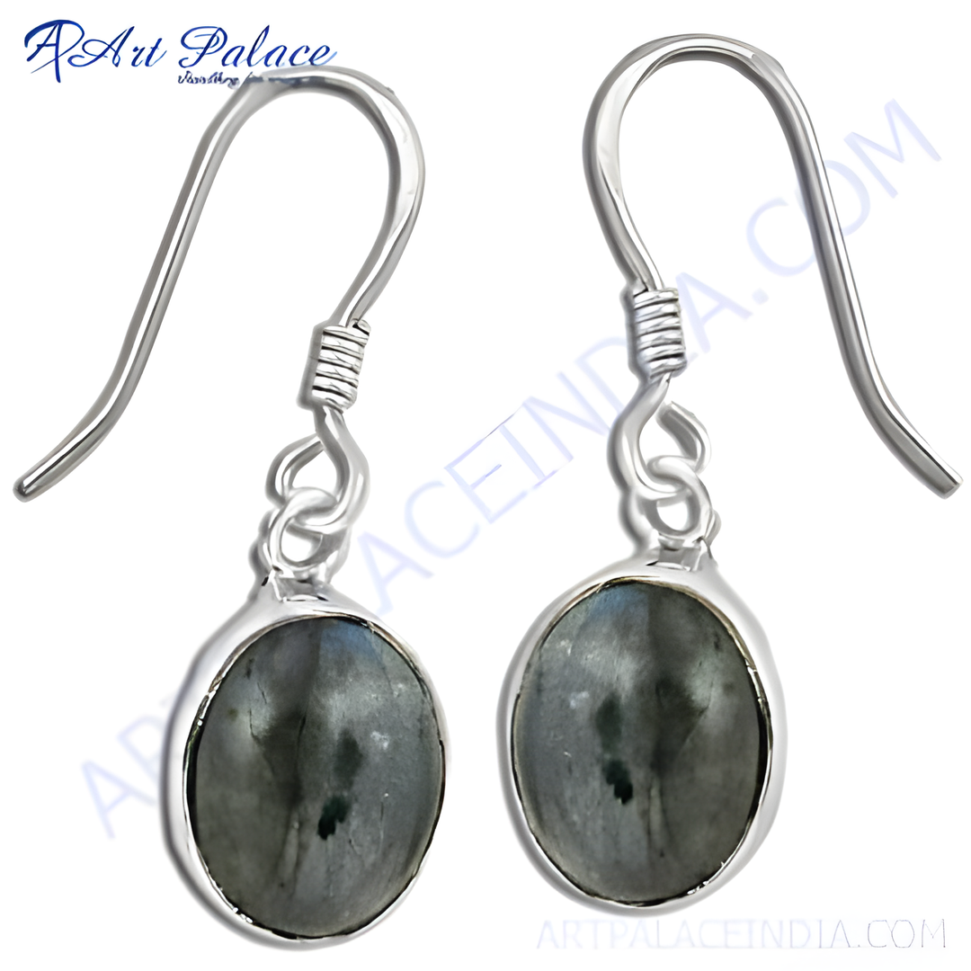 925 sterling silver drop earrings with oval labradorite gemstones, a gray and blue color.