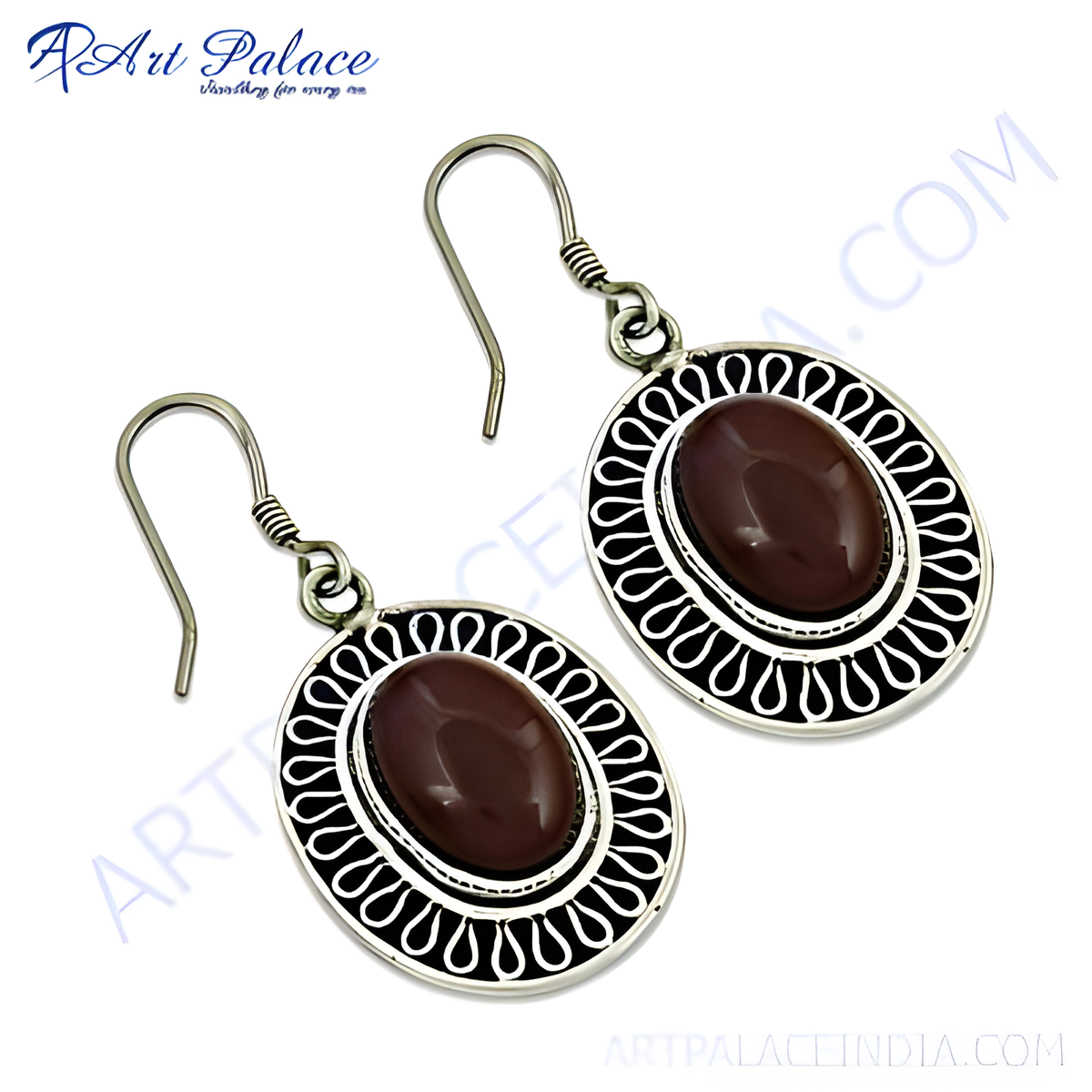 925 sterling silver drop earrings with oval brown gemstone center and ornate silver detailing