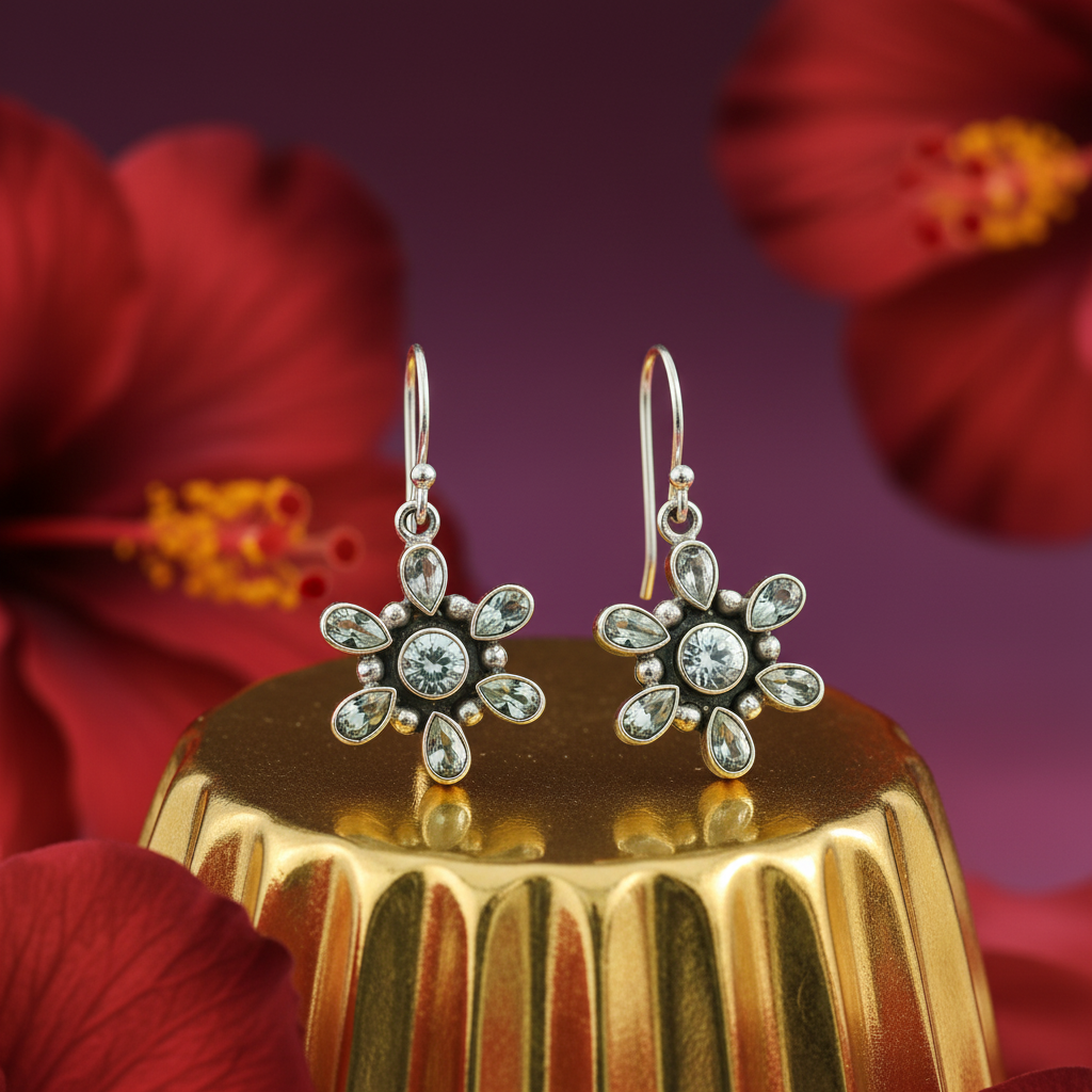 925 silver flower earrings with white gemstones | for women