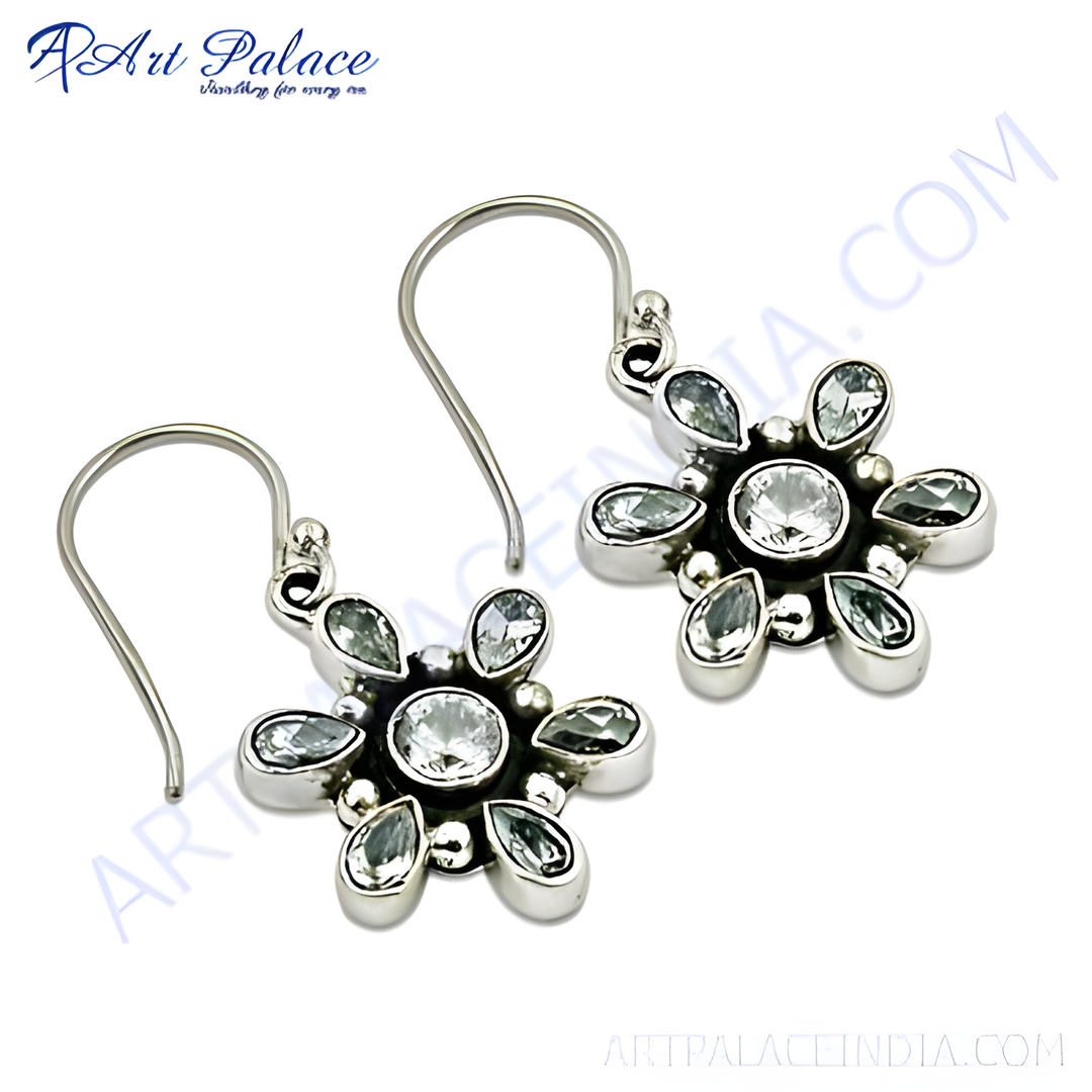 925 sterling silver flower earrings featuring white gemstones, perfect for women.