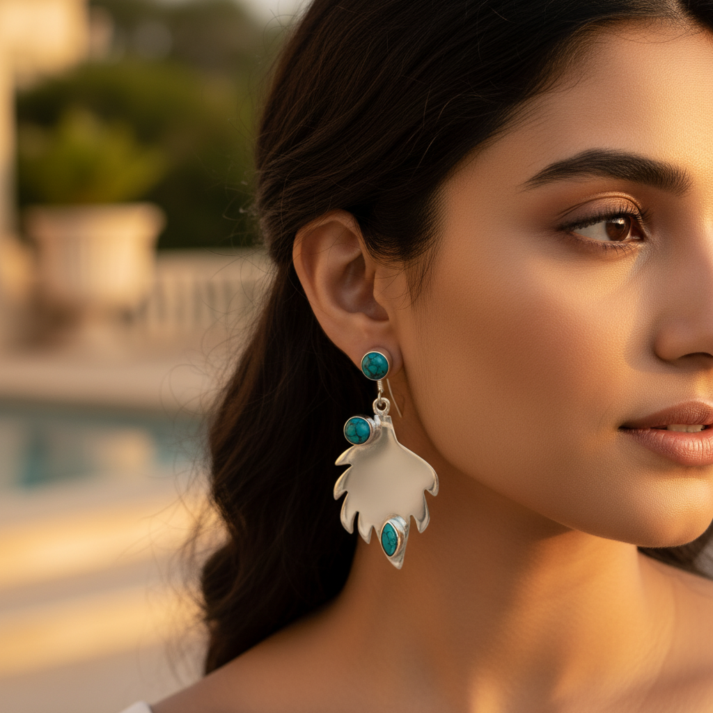 Pendientes de plata 925 con turquesa y hojas para mujer | Joyería delicada