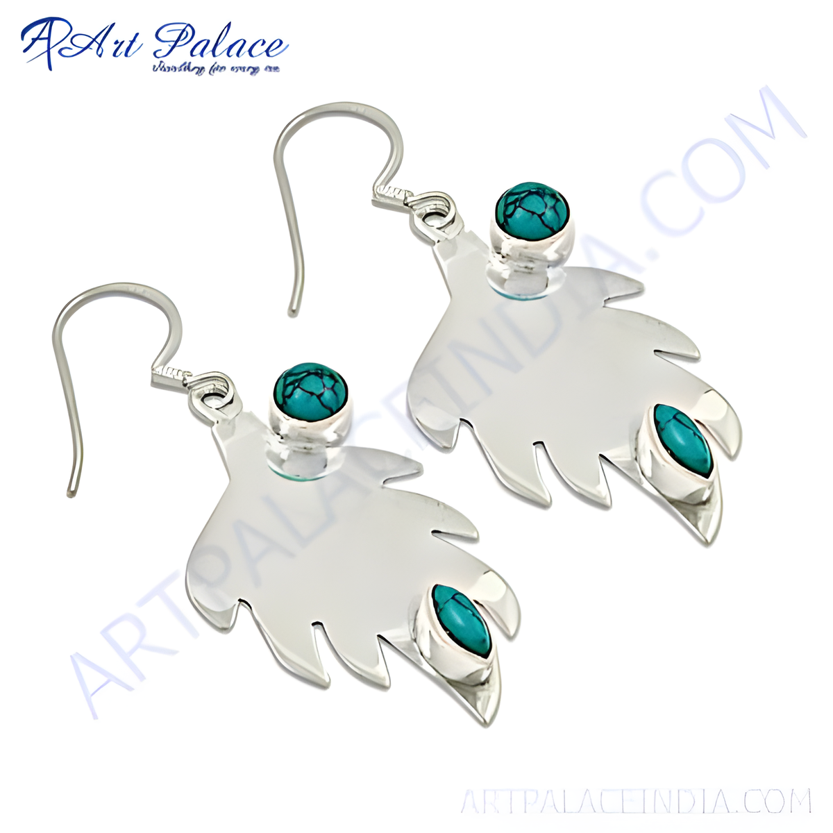 925 sterling silver leaf earrings with turquoise gemstones, teal and silver dangle earrings