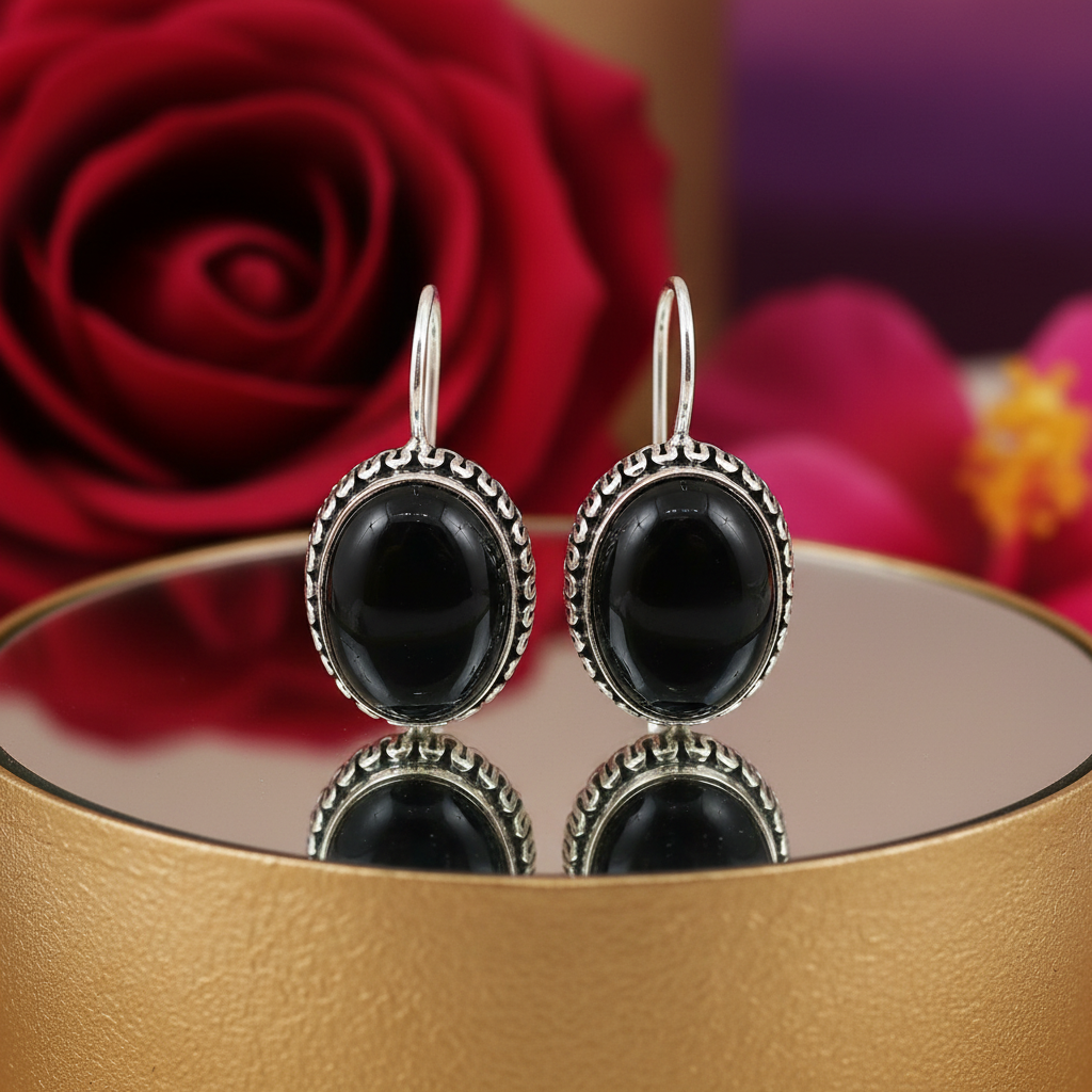 925 Silver Onyx Drop Earrings for Women | Black Gemstone Jewelry