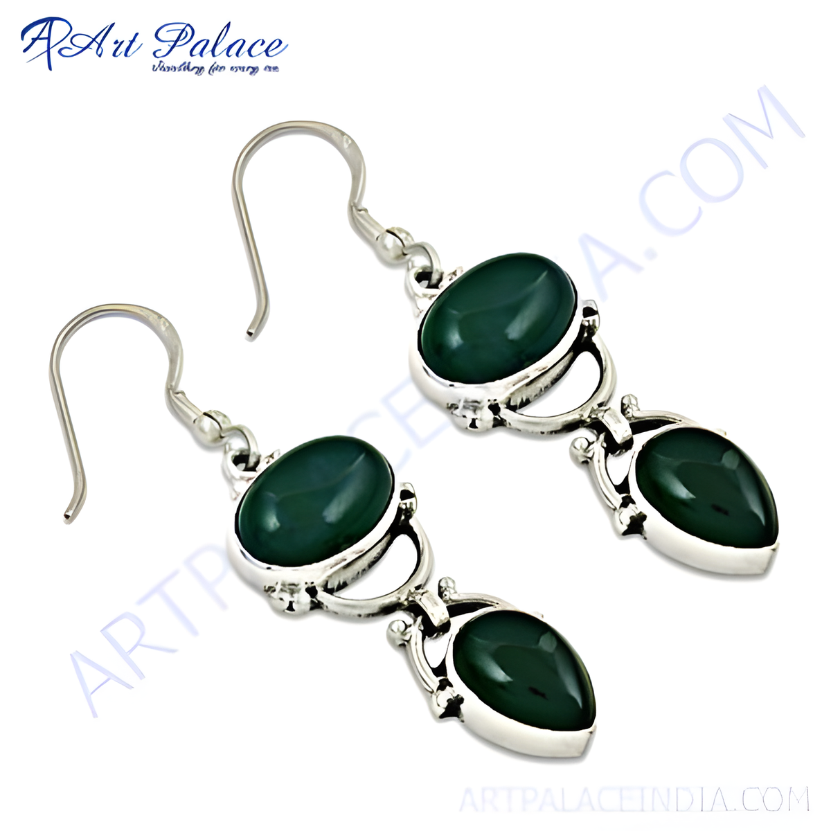 925 sterling silver drop earrings with oval and teardrop shaped green onyx gemstones