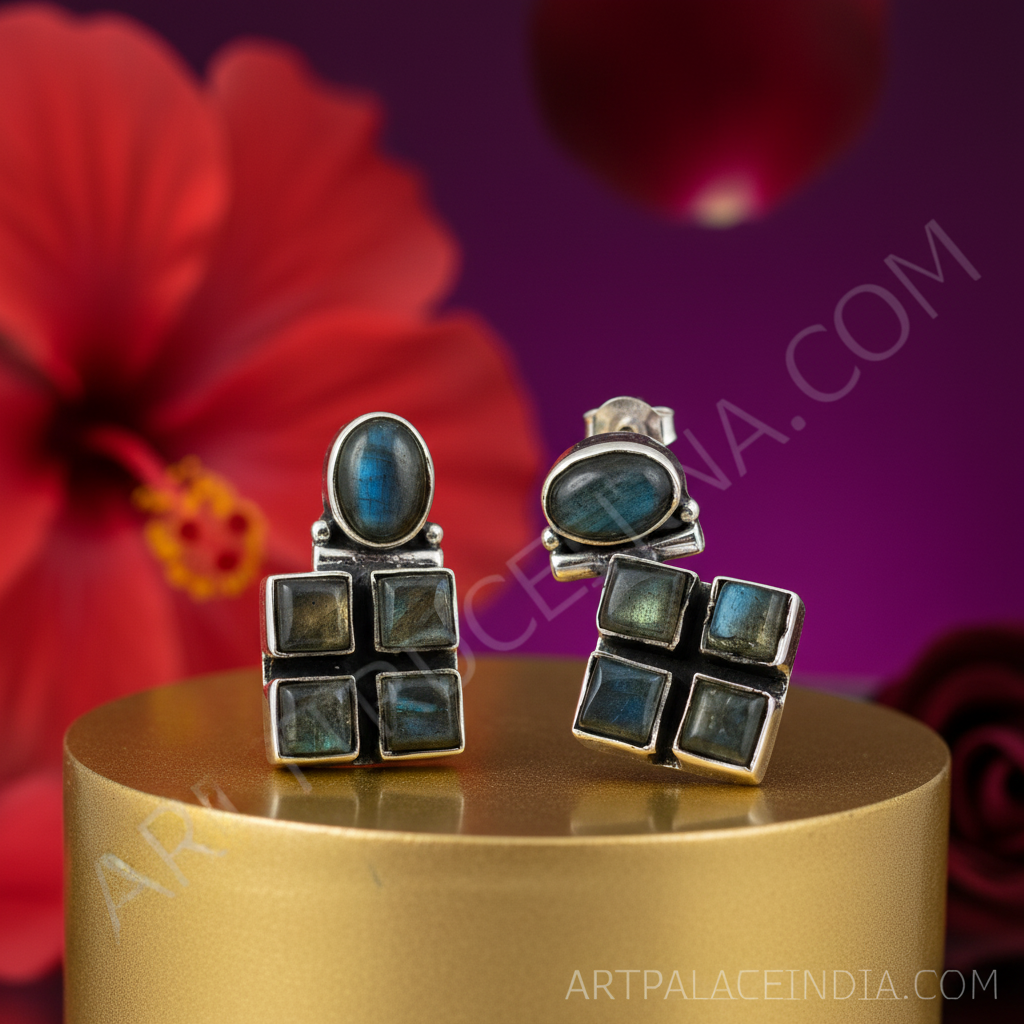 925 Silver Labradorite Stud Earrings | Square Gemstone Earrings