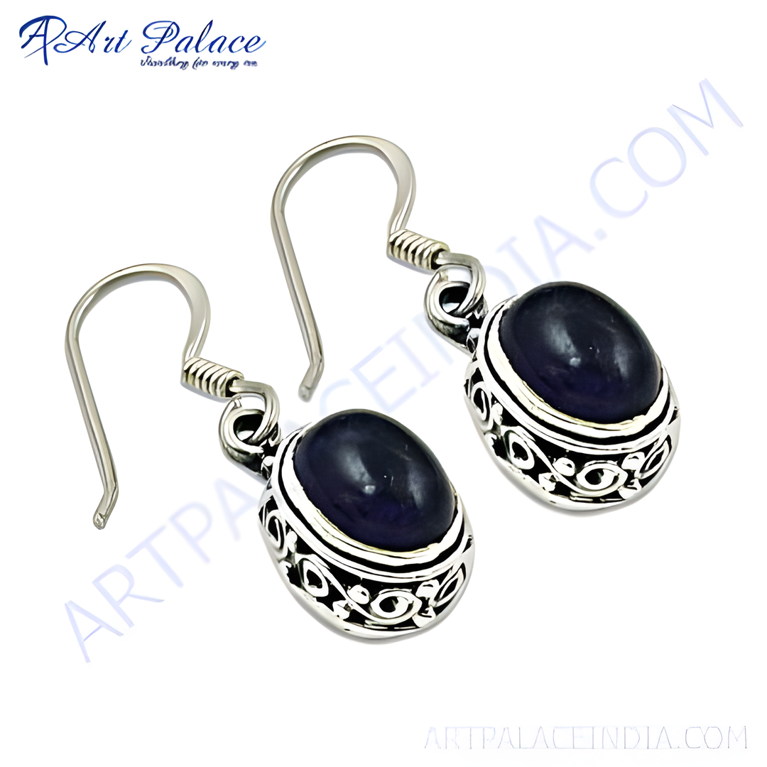 925 sterling silver drop earrings with a blue oval gemstone.