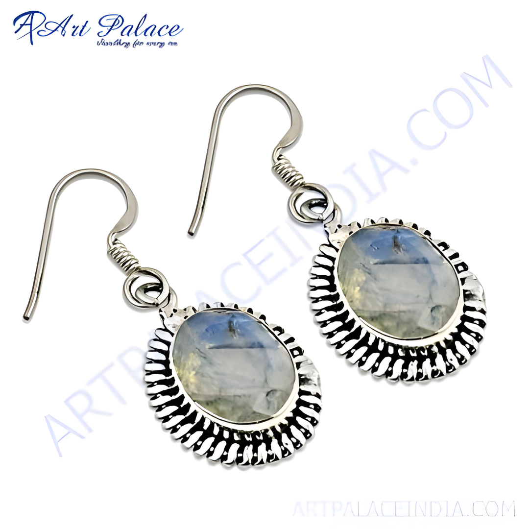925 silver moonstone dangle earrings, featuring oval-shaped moonstone gemstones, with a hook closure.