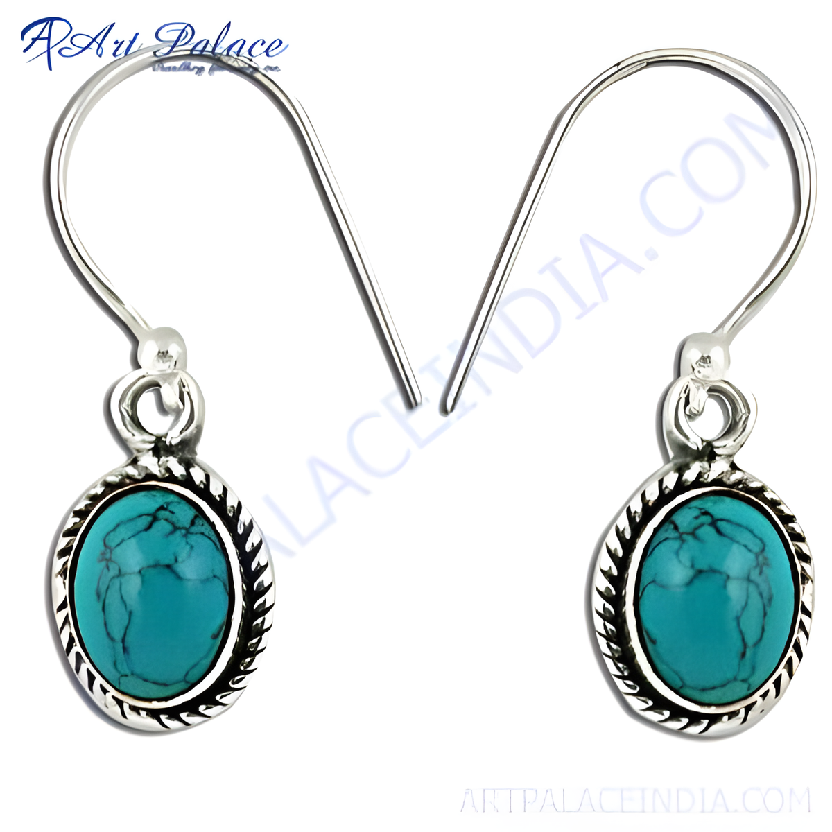Sterling silver dangle earrings with oval shaped turquoise stones and silver hook closure