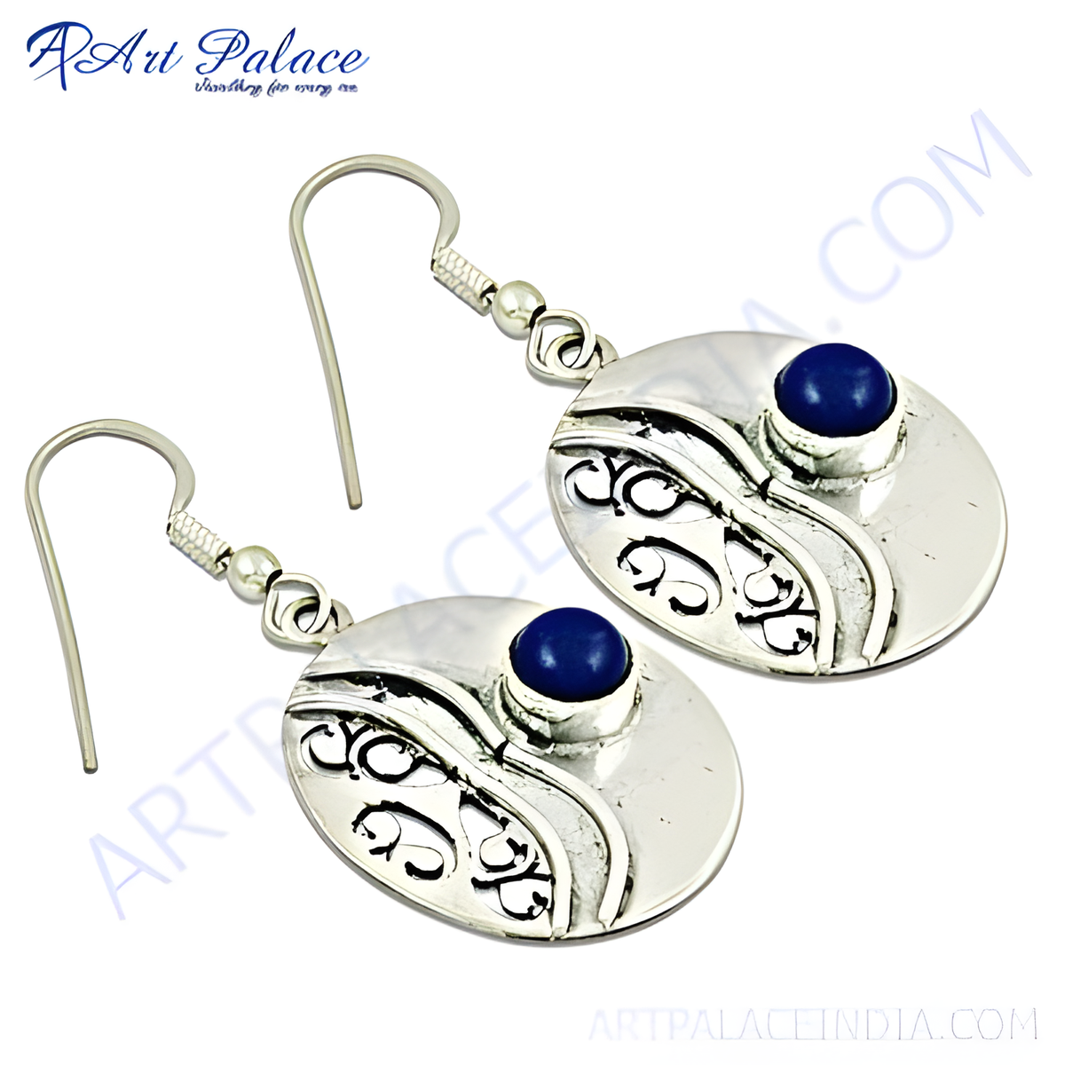 925 sterling silver dangle earrings with round blue lapis lazuli gemstones and ornate design
