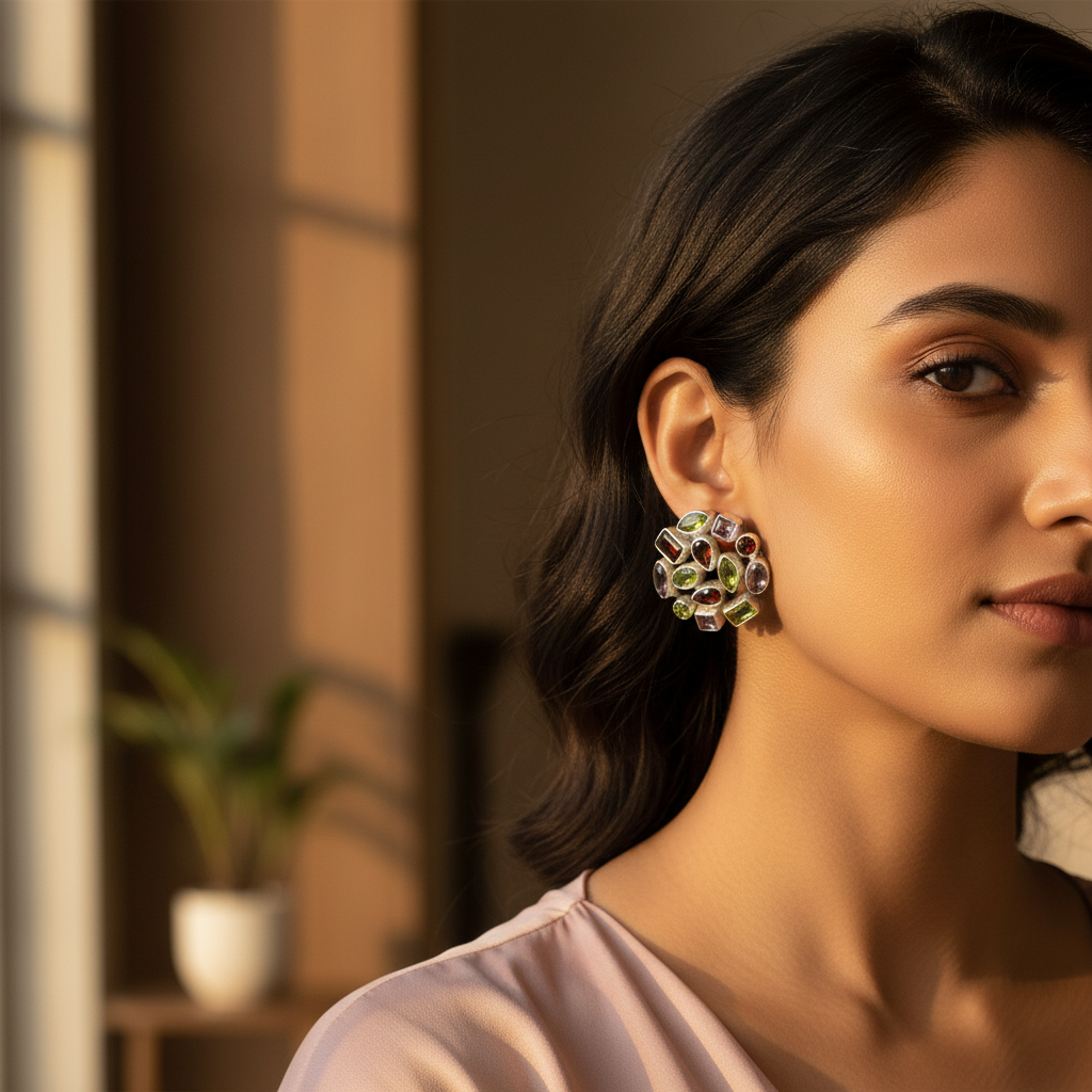 Pendientes de plata con piedras preciosas | Peridoto, amatista y granate | Para mujer