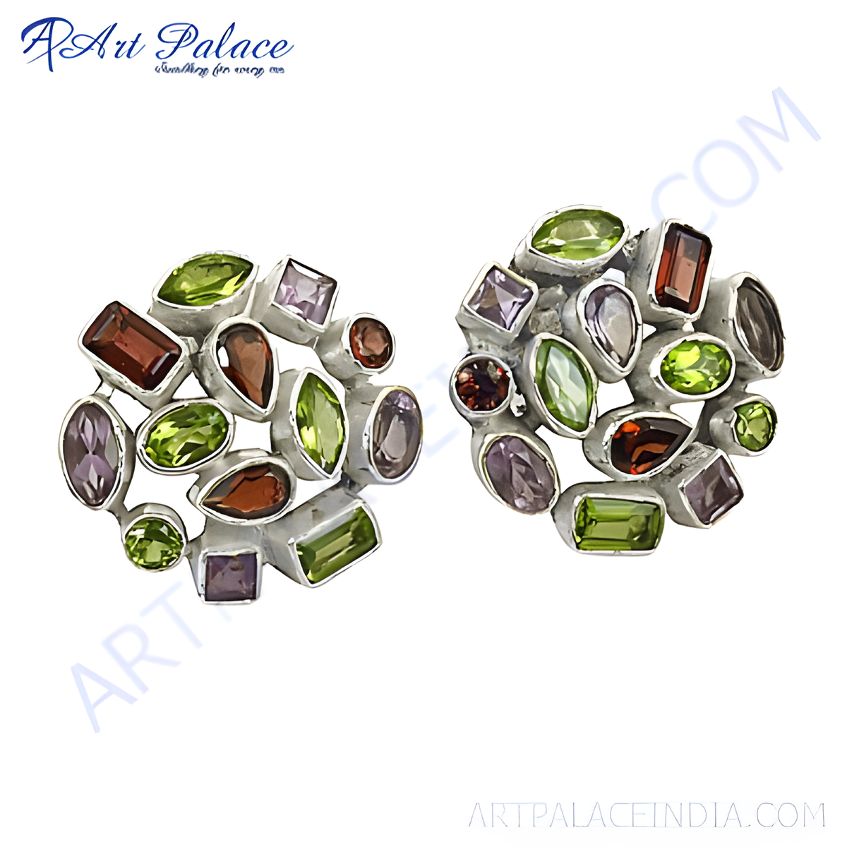 Silver stud earrings with peridot, amethyst, and garnet gemstones arranged in a cluster design