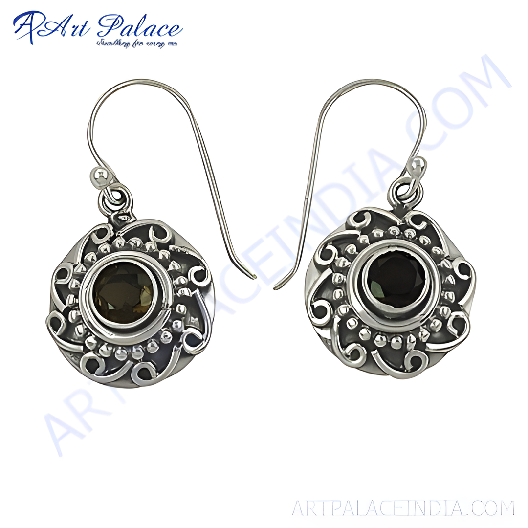 925 sterling silver dangle earrings featuring a central smokey quartz gemstone with intricate design.