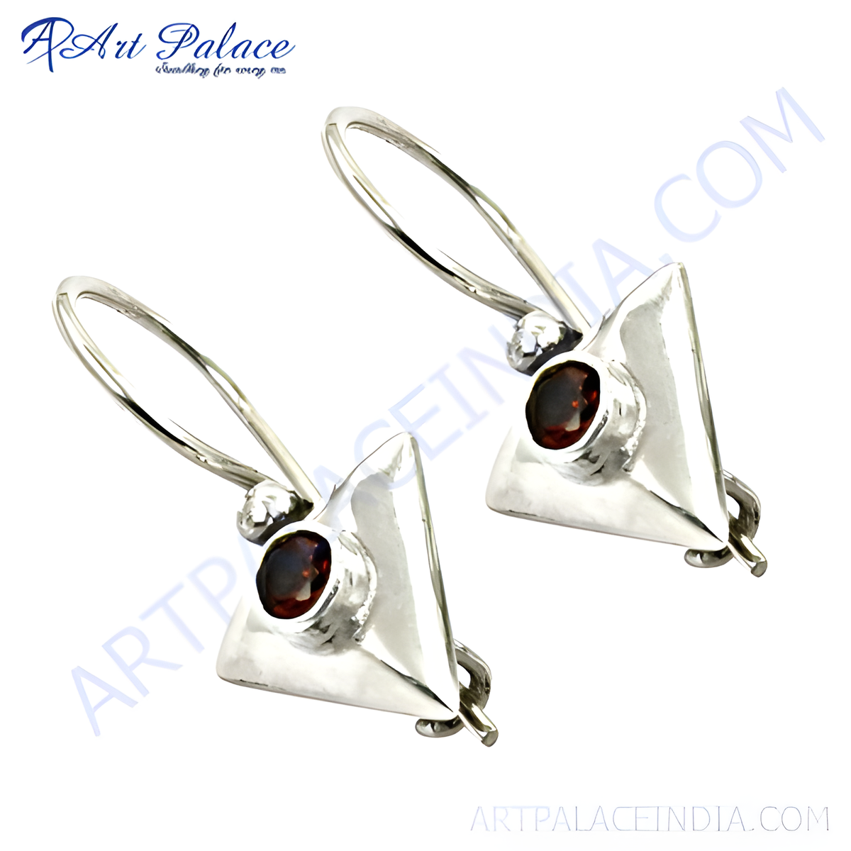Sterling silver dangle earrings with a triangle design and a round red garnet gemstone
