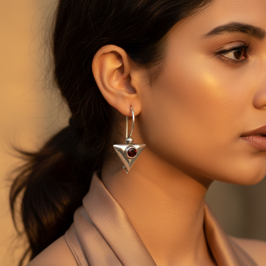 925 Silver Garnet Triangle Earrings for Women | Daily Wear