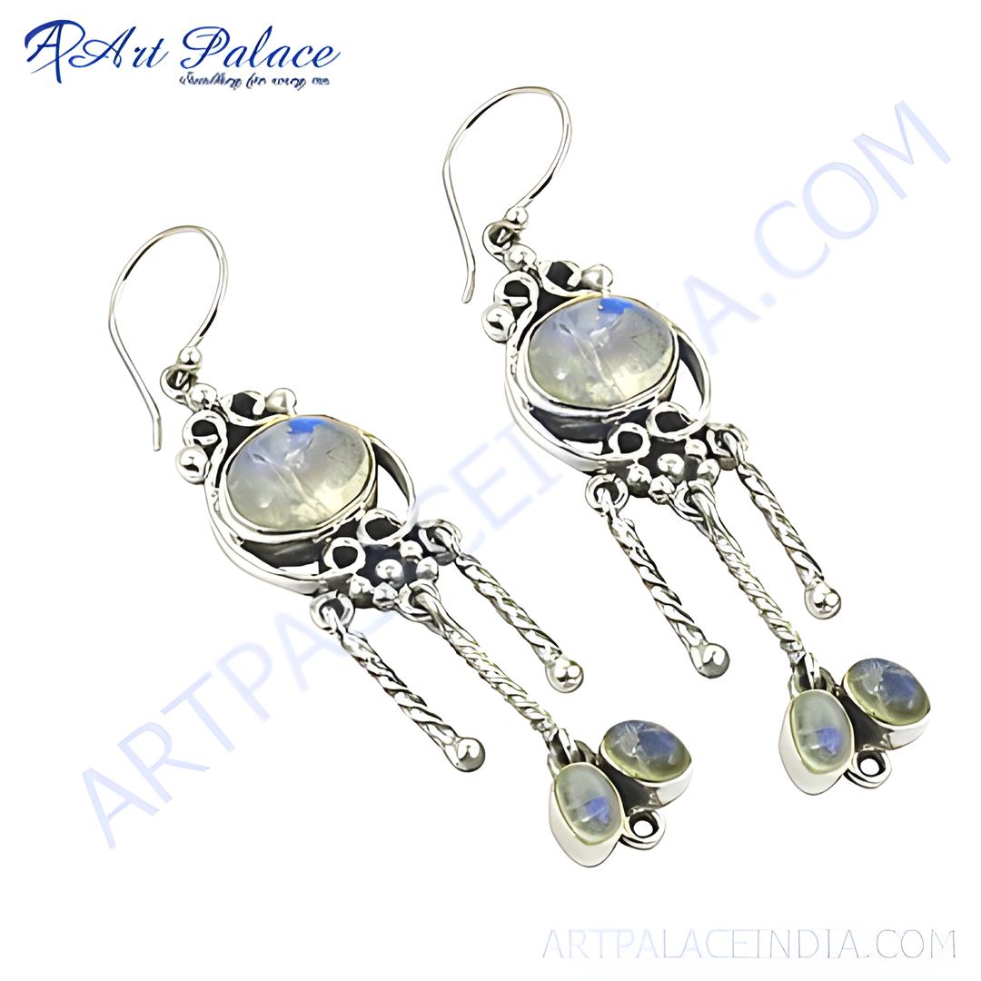 925 sterling silver moonstone dangle earrings, featuring oval cut gemstones and intricate design.