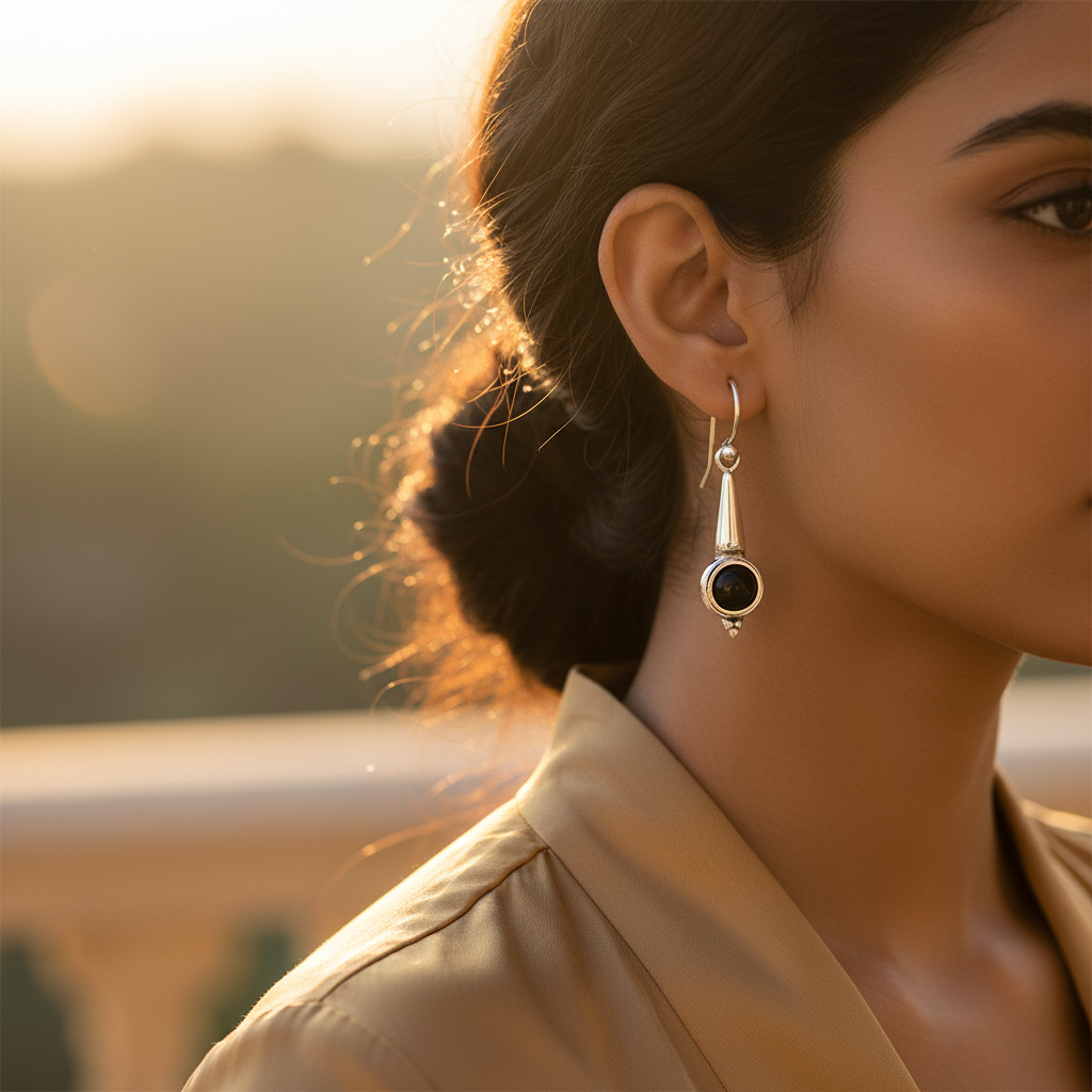 925纯银黑玛瑙吊坠耳环，女士款 | 礼物